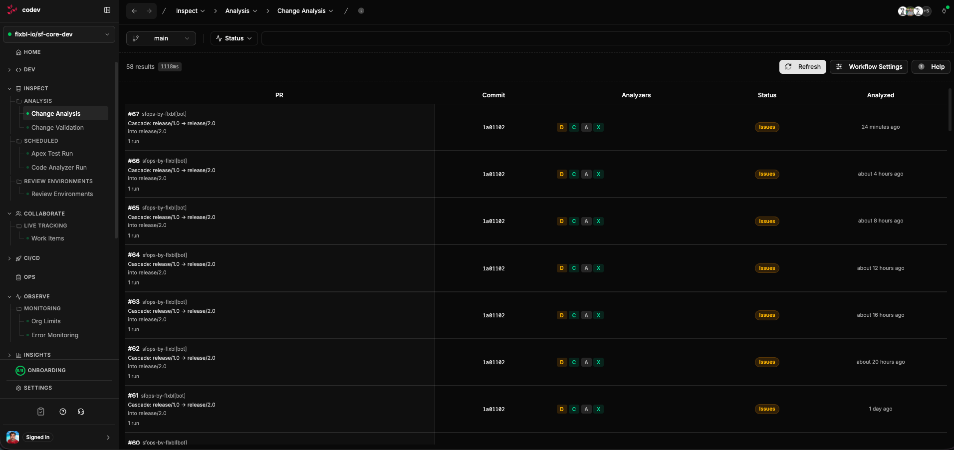 Change Analysis page
