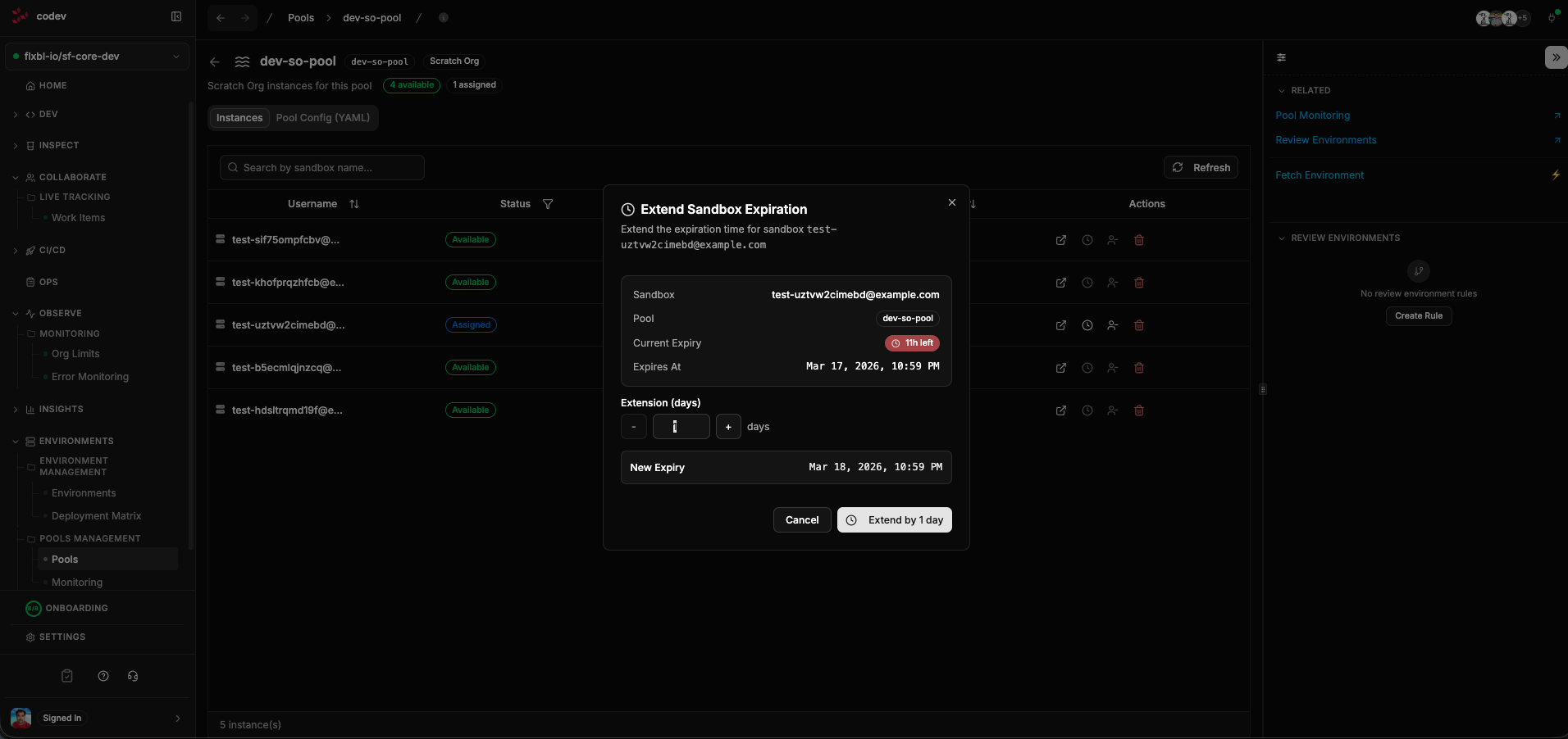 Extend Sandbox Expiration dialog