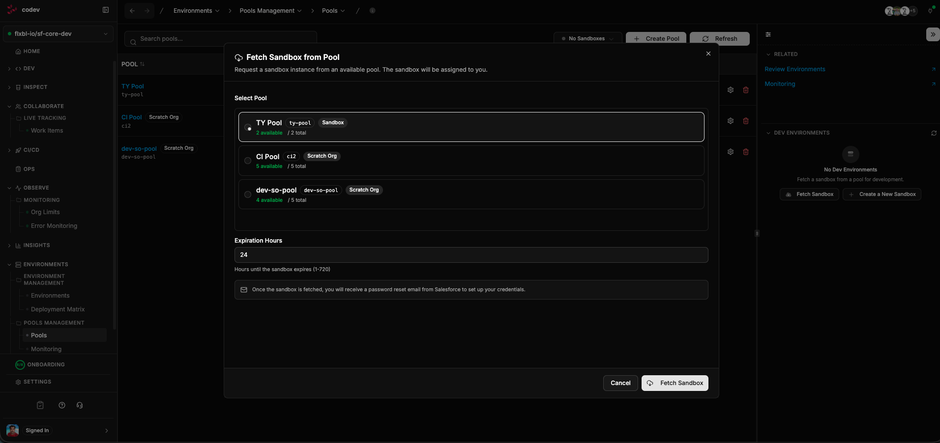 Fetch Sandbox dialog