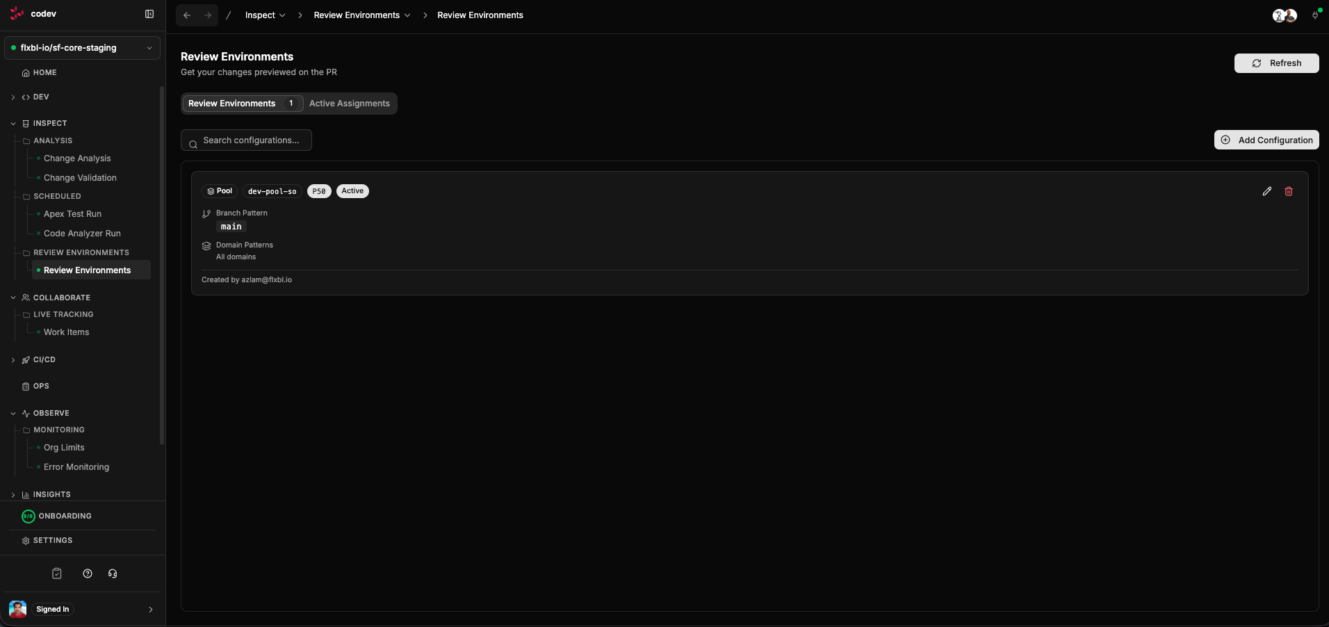 Review Environments page