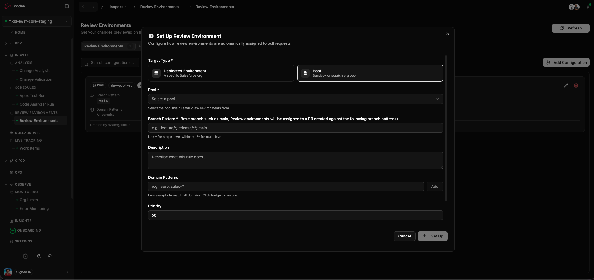 Set Up Review Environment dialog
